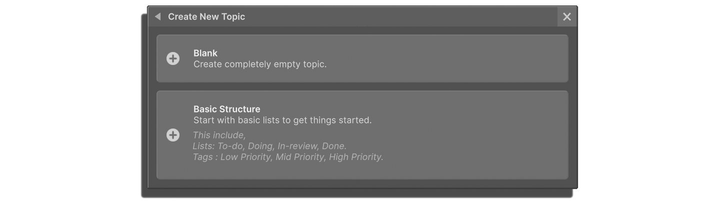 Click the first button to create a blank topic and the second one to create one with common things.