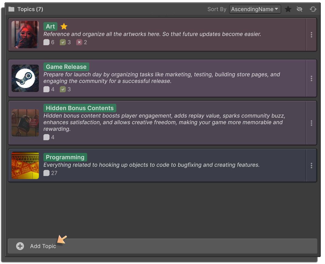 In the Unity Asset DevTasks, Click the Add Topic button on the bottom of the topics list